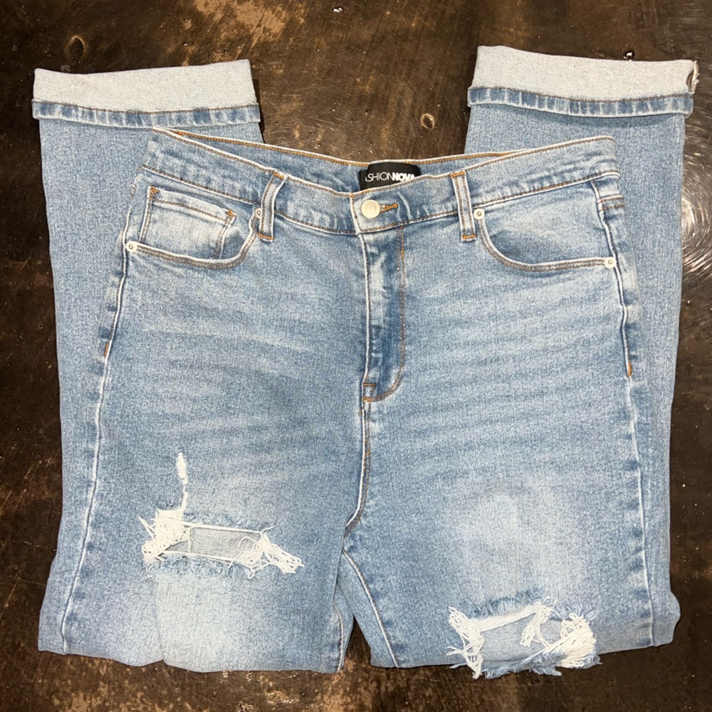 Fashion Nova Light Blue Distressed Denim Baggy Jeans